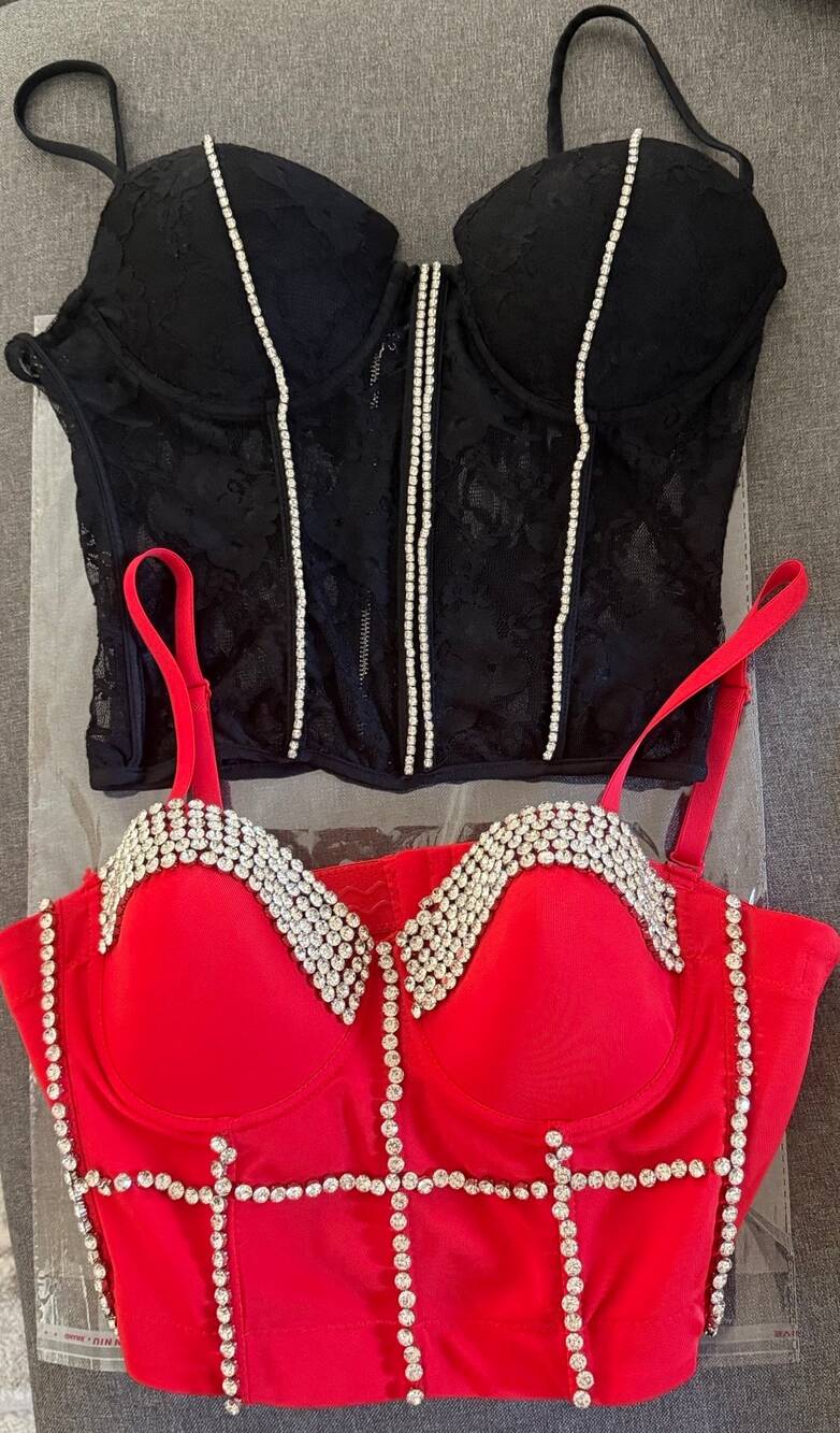Rhinestone Corset Top Set Black And Red Size L